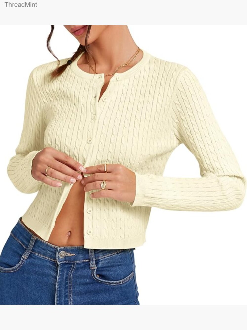 Cropped Cable Knit Cardigan Long Sleeve Button Up Lightweight Sweater